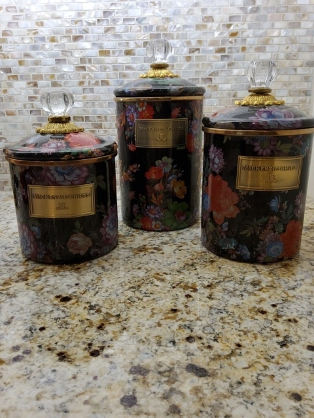 MacKenzie-Childs Black Flower Market Canister Trio